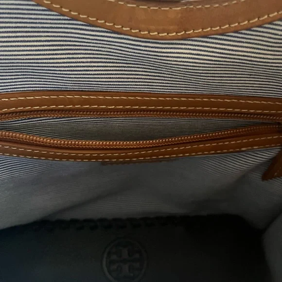 JMcLaughlin Brown and Cream Chevron Tote with Bamboo Handles & Crossbody strap - Picture 7 of 8